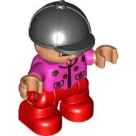 Duplo Figure Child with Riding Helmet Black, with Red Legs, Dark Pink Top with Flowers, with Glasses Print