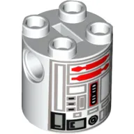 Brick Round 2 x 2 x 2 Robot Body, Axle Holder '+' Orientation with Gray and Red Astromech Droid Print (R5-D4)