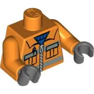 Torso Safety Jacket with Zipper, Pockets, and Blue Shirt / 2011 The LEGO Store Mission Viejo, CA on Back Print, Orange Arms, Dark Bluish Gray Hands