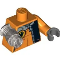 Torso Jumpsuit with Zipper, Agents Villain Logo, and Silver Inset Print, Orange Left Arm with Dark Bluish Gray Hand, Metallic Silver Mech Right Arm