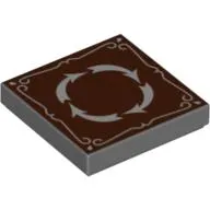 Tile 2 x 2 with 4 White Arrows in Circle and Border on Reddish Brown Background Print