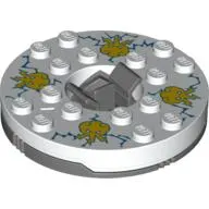 Turntable 6 x 6 Round Dark Bluish Gray Base with White Top with Yellow Faces on Blue Print (Ninjago Spinner)