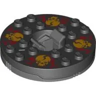 Turntable 6 x 6 Round Dark Bluish Gray Base with Black Top with Orange Skulls on Red Print (Ninjago Spinner)