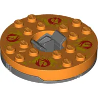 Turntable 6 x 6 Round Dark Bluish Gray Base with Orange Top and Red Flames on Yellow Print (Ninjago Spinner)