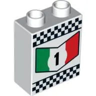 Duplo Brick 1 x 2 x 2 with '1' in Green, White and Red Chevron and Checkered Border Print