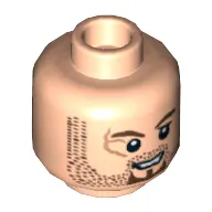 Minifig Head Scrum, Brown Stubble and Goatee, Scar on Right Eye Print [Blocked Open Stud]