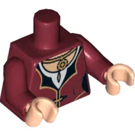 Torso Dress with Gold and Black Trim, White Collar, Gold Medallion Print, Dark Red Arms, Light Nougat Hands