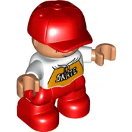 Duplo Figure Child with Cap Red, with White Shirt with 'SKATE' print - Red Legs