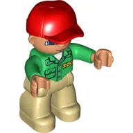Duplo Figure with Cap Red, with Green Long Sleeve Shirt with 'ZOO' on Front and Back - Tan Legs