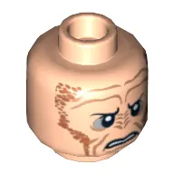 Minifig Head Saesee Tiin, Small Eyes with Pupils, Orange Dots on Sides, Angry Print