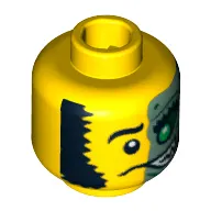 Minifig Head Mr. Good and Evil, Half Sand Green with Green Eye Open Grin Print [Hollow Stud]