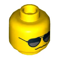Minifig Head Hero, Black and Silver Sunglasses, Chin Dimple, Grim Mouth Print [Hollow Stud]