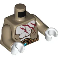 Torso Bare Chest, Red Scars and Gold Belt Print, Dark Tan Arms, White Hands