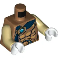 Torso Bare Chest, Belt, Dark Blue Wrap with Gold and Blue Chi Jewel Print, Tan Arms, White Hands