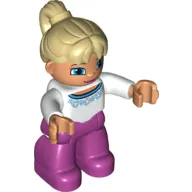 Duplo Figure with Ponytail Tan, with Magenta Legs, White Top with Blue Trim Design, Blue Crescent Eyes
