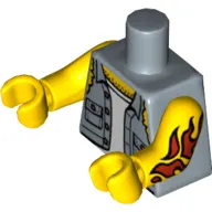 Torso Shirt with Ripped Off Sleeves, Buttons on Pockets, Jolly Roger Back Print, Yellow Arms and Hands with Red Fire Tattoo Print on Left Arm