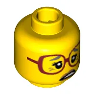 Minifig Head Sherry Scratchen-Post, Dark Red Glasses, Gray Eyebrows, Crow's Feet, Open Mouth Print [Hollow Stud]