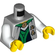 Torso Robe with Green Sash, Asian Characters and Gold Snake Emblem Print, White Arms, Yellow Hands