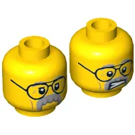 Minifig Head Pa Cop / Professor Brainstein, Glasses, Gray Moustache and Eyebrows, Cheek Lines, Mouth Closed / Clenched Teeth Print