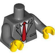 Torso Suit Jacket, Open with White Shirt and Red Tie Print, Dark Bluish Gray Arms, Yellow Hands