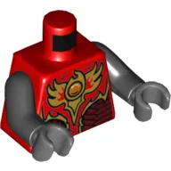 Torso Vest with Dark Red and Gold Armor with Scales and Fire Chi Emblem Print, Black Arms, Dark Bluish Gray Hands