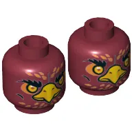 Minifig Head Foltrax, Dual Sided, Phoenix with Amber Eyes, Circles, Orange Feathers and Yellow Beak, Neutral / Stern Print [Hollow Stud]