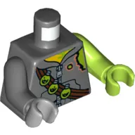 Torso, Odd Arms and Hands, Hoodie with Zipper, Torn Shoulder, Bandolier with 3 Toxic Bulbs Print, Left Lime Arm and Hand, Right Dark Bluish Gray Arm and Light Bluish Gray Hand