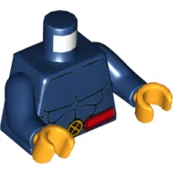 Torso Muscles Outline and Red Belt with X-Men Logo Belt Buckle Print, Dark Blue Arms, Bright Light Orange Hands