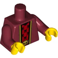 Torso Robe with Gold Trim over Red Shirt with Black Skulls and Belt with Gold Skull Buckle Print, Dark Red Arms, Yellow Hands
