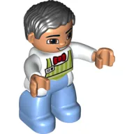 Duplo Figure with Parted Wavy Hair Black, with White Shirt and Green Stripe Apron - Medium Blue Legs - Vendor/Waiter, Square Eyes