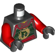 Torso Samurai Armor with Dark Green Panels, Gold Phoenix and Red Sash Print, Red Arms, Black Hands