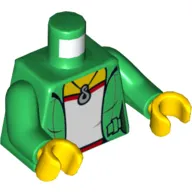 Torso Jacket Open over Red and Light Green Top with Necklace, '2016 The LEGO Store San Francisco Centre' on Back Print, Green Arms, Yellow Hands