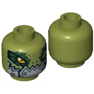 Minifig Head Crokenburg, Crocodile with Dark Green Rimmed Eyes, Metallic Silver Plates with Rivets Lower Jaw Print [Hollow Stud]