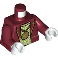 Torso Jacket, Open over Lime Patterned Undershirt and Large Gold Pendant Necklace Print, Dark Red Arms, White Hands