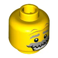 Minifig Head Monster Scientist, Gray Eyebrows Raised and Bushy Moustache, Wrinkles, White Pupils and Open Smile Print [Hollow Stud]