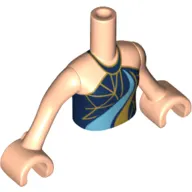 Minidoll Torso Girl with Dark Blue Halter with Gold and Triangles and Medium Azure and Gold Curved Stripes Print, Light Nougat Arms with Hands