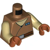 Torso Robe with Blue Name Badge over Tan Undershirt, Reddish Brown Belt with Buckle Print, Tan Arms, Dark Orange Hands
