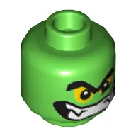 Minifig Head Green Goblin, Thick Eyebrows, Yellow Eyes and Wide Grin with Teeth Print