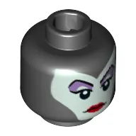 Minifig Head Maleficent, Balaclava, Light Aqua Face, Medium Lavender Eye Shadow, Pointed Eyebrows, Red Lips Print