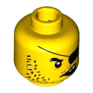 Minifig Head Scallywag Pirate, Beard Black Stubble Long, Eyepatch, Crooked Open Mouth with 2 Teeth Print [Hollow Stud]