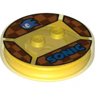Function Brick Round 4 x 4 x 2/3 with 2 Studs and Blue Sonic Head and 'SONIC' on Checkerboard Background print
