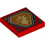 Tile 2 x 2 with Bright Light Yellow Dragon Head on Orange Hexagonal Shield with Silver Border Print