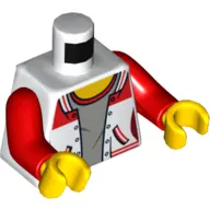 Torso Jacket Open over Gray Top with Red Collar with '8' on Back Print, Red Arms, Yellow Hands