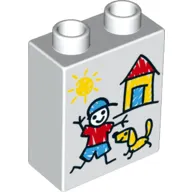 Duplo Brick 1 x 2 x 2 with Bottom Tube - Sun, House, Boy and Dog Print