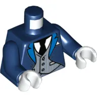 Torso Tuxedo Coat with Blue Lapels over Light Bluish Gray Pinstripe Vest, Black Tie Print (Alfred Pennyworth), Dark Blue Arms, White Hands