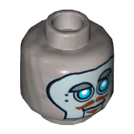 Minifig Head Robot Hoodlum, Blue Robot Eyes, Silver Face Panel, Raised Eyebrow, Brown Moustache and Goatee Print [Hollow Stud]