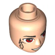 Minidoll Head Male with Thin Black Eyebrows and Red Eyes, Black Elves Tattoo on Right Cheek, Open Mouth Smirk Print