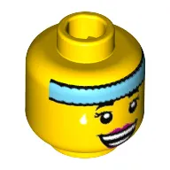 Minifig Head Dance Instructor, Dark Azure Headband, White Sweat Drops, Open Smile with Magenta Lips Print [Hollow Stud]