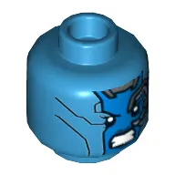 Minifig Head Nebula, Dual Sided, Blue Face, Mechanical Left Eye, Angry Expression and Silver Stripes on Back Print [Hollow Stud]