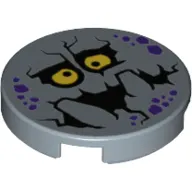 Tile Round 2 x 2 with Bottom Stud Holder with Purple Rock Spots, Yellow Eyes with Pupils, Black Mouth, Big Blocky Teeth (Bouldron) Print